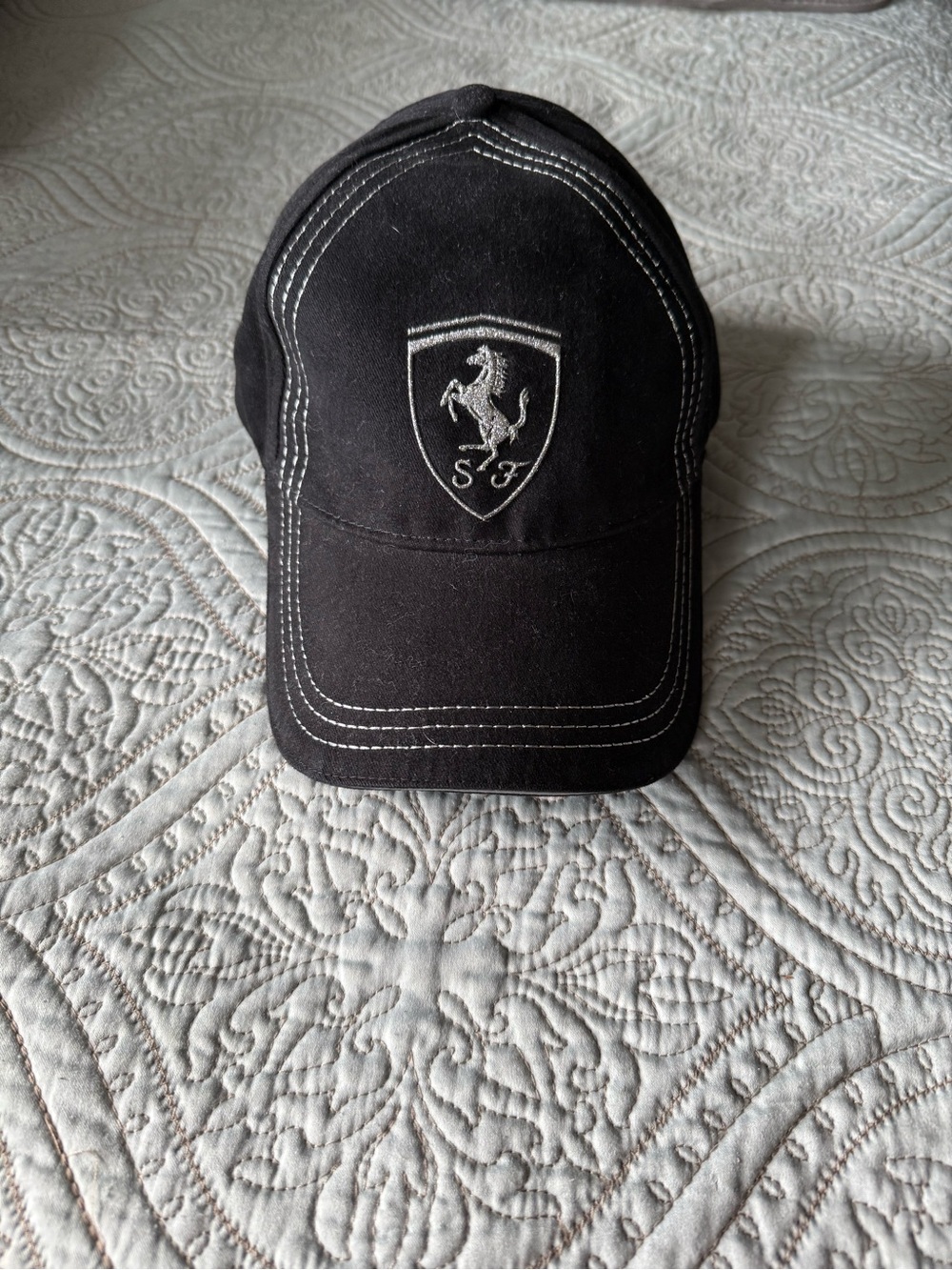 Ferrari Black Cap with Sliver Sparkle Stitching and Shield Emblem